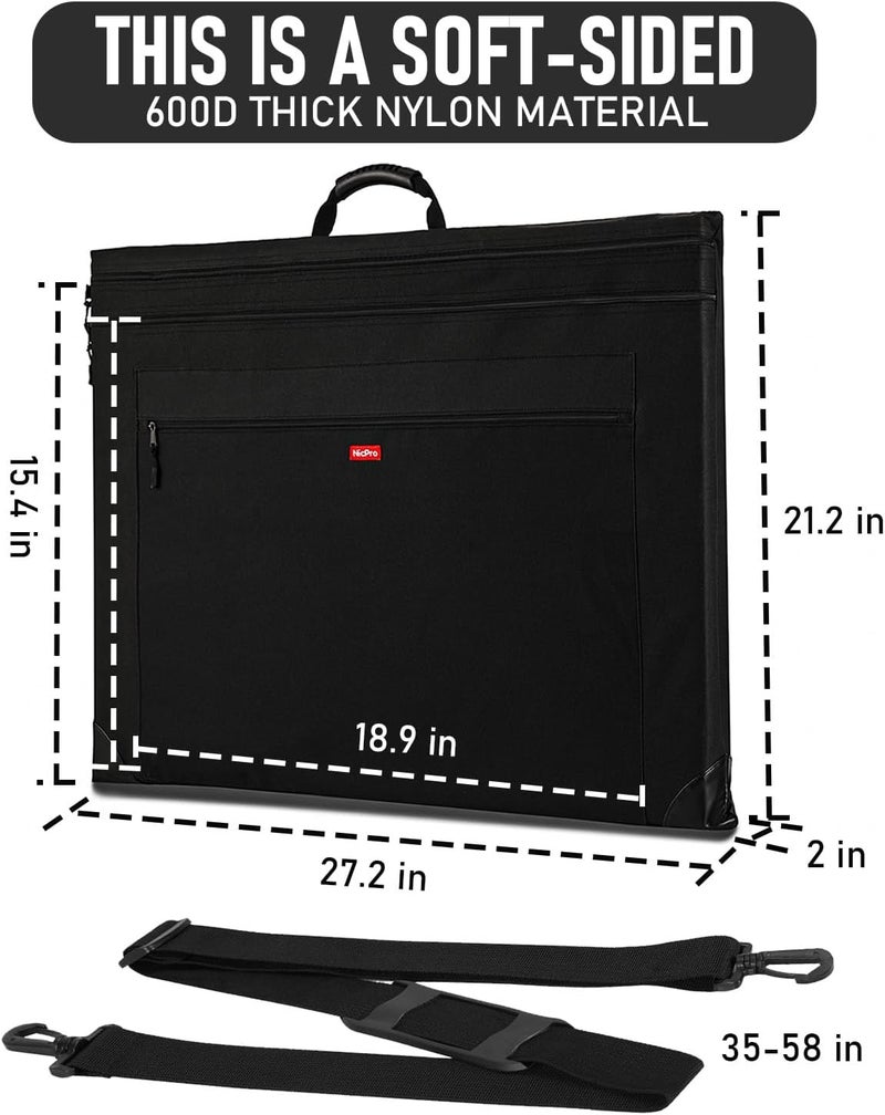 Nicpro حقيبة محفظة فنية خفيفة الوزن، 20x26 حقيبة محفظة قماشية سوداء مع حزام كتف قابل للفصل، زوايا جلدية، حقيبة تخزين لحمل الأعمال الفنية، الملصقات، الرسم، والتخطيط - Image 3